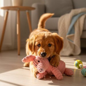 May include: A golden retriever puppy with brown fur is lying on a wooden floor, holding a pink stuffed pig toy. The puppy has a focused gaze and is illuminated by sunlight. Other dog toys are visible in the background.