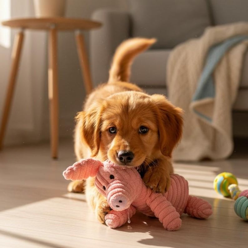 May include: A golden retriever puppy with brown fur is lying on a wooden floor, holding a pink stuffed pig toy. The puppy has a focused gaze and is illuminated by sunlight. Other dog toys are visible in the background.