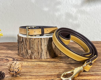 Luxury Vintage Pet Collar & Leash Set - Soft Durable Leather, Custom Brass Name Tag (All Dog Sizes)