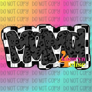 Op de afbeelding: Een grafisch ontwerp met het woord "MOM" in een vet, bubbelachtig lettertype met een zwart-wit geblokt patroon en luipaardprint. Het nummer "4" en de namen "Kamryn Elise" zijn ook opgenomen.