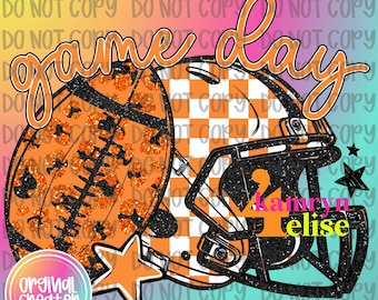 Game Day Football PNG | Orange Checker Helmet & Glitter Leopard Ball | Digital File for Sublimation | Game Day PNG | Retro Football