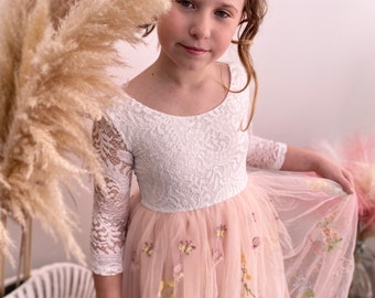 Robe longue fille, robes demoiselle d'honneur, Clarence tulle brodé rose