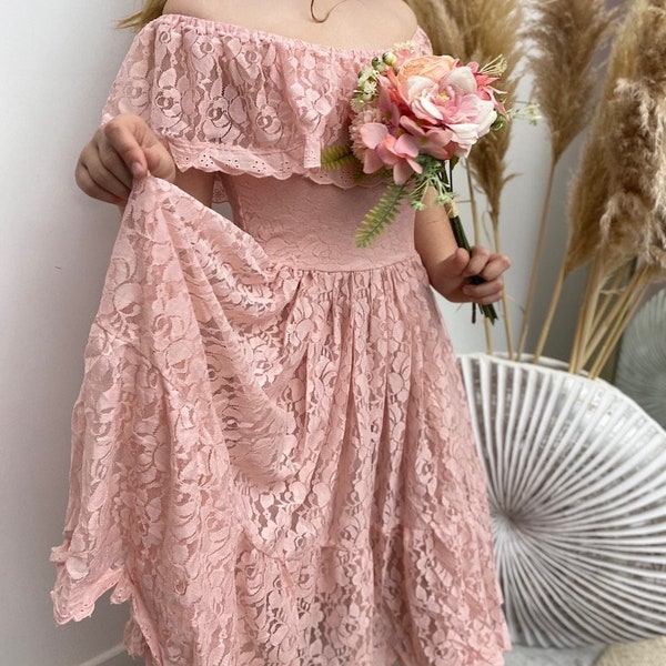 Robe longue pour enfant - robe de cortège ou bohème - modèle Fidji rose poudré