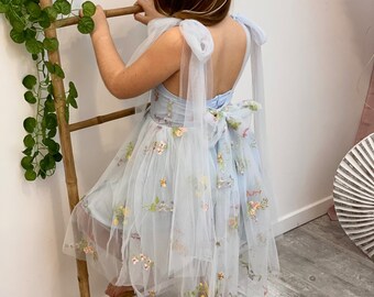 Robe cérémonie - anniversaire - fille, modèle Little Flowers bleu poudré