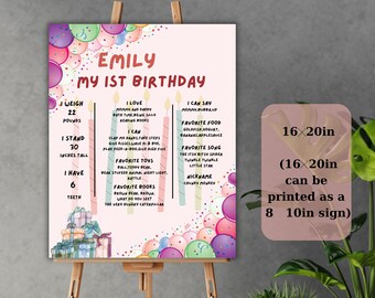 Balloon First Birthday Party Poster ,1st Birthday Party Sign Girl,Printable Birthday Poster , Editable Birthday Poster , Digital Download