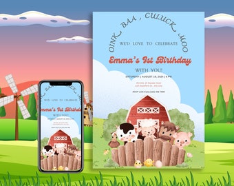 Editable Pink Birthday Farm Friends Invitation Template with Matching Smartphone Invite for Girl And Boy