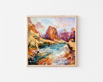 Vibrant Zion National Park Desert Oil Painting Colorful Square Landscape Art Canyons Red rock salt Vivid Unique Impasto sonoran southwestern