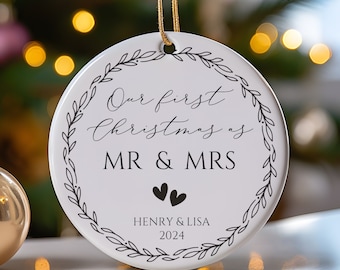 Personalized First Christmas Married Ornament, Custom Mr & Mrs Ceramic Ornament with Names and Year, Wedding Keepsake
