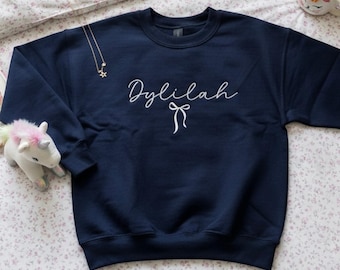 Personalized Girl Name Sweater with Bow, Custom Embroidered Kids Crewneck, Toddler and Youth Gift Idea