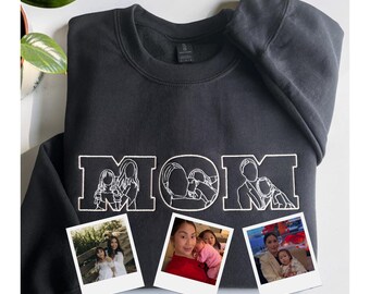 Custom Photo Embroidered Mom Sweatshirt, Line Drawing Portrait Crewneck, Personalized Mama Shirt