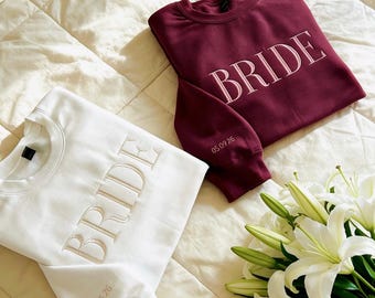 Custom Bride Embroidered Sweatshirt with Wedding Date on Sleeve, Personalized Bridal Crewneck, Minimalist Bride Sweater, Gift for Bride