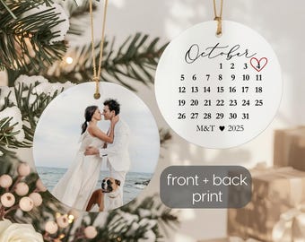 Personalized Wedding Photo Ornament, Custom Calendar with Wedding Date & Initials, Newlywed Christmas Gift, Double Sided Ceramic Keepsake
