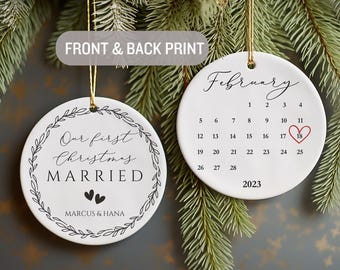 Personalized First Christmas Married Ornament, Custom Wedding Date Keepsake, Ceramic Newlywed Gift, Wedding Gift Decor