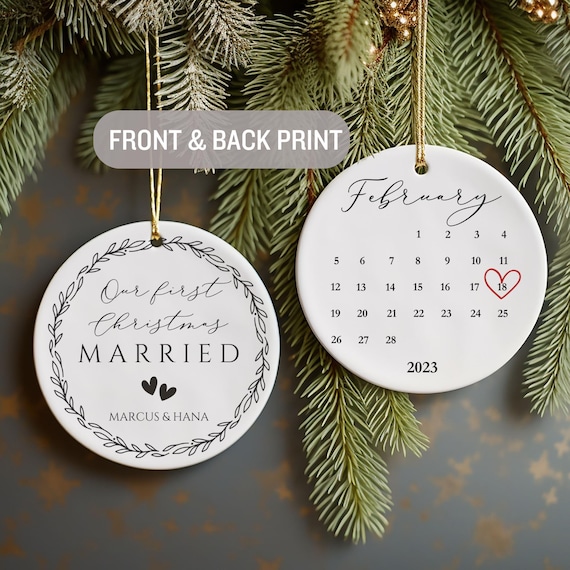 Personalized First Christmas Married Ornament, Custom Wedding Date Keepsake, Ceramic Newlywed Gift, Wedding Gift Decor