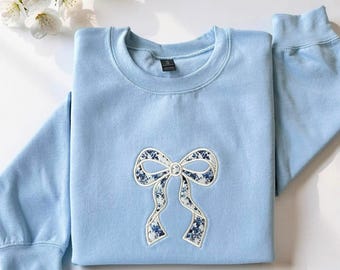 Applique Floral Bow Sweatshirt, Coquette Aesthetic Crewneck, Feminine Embroidered Sweater, Soft Girl Cottagecore Pullover, Gift for Her