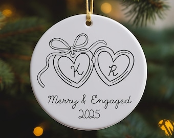 Personalized Engagement Ornament, Whimsical Heart Initials, Engaged Ceramic Ornament