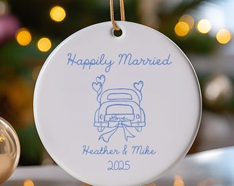 Whimsical Wedding Ornament, Personalized Ceramic Keepsake, Custom Names & Year, Happily Married Christmas Ornament Gift for Couples