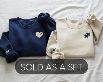 Matching Couple Valentine Sweatshirts, Embroidered Heart & Puzzle Sweaters, Personalized Initials Sleeve, His and Hers Gift
