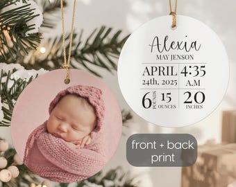 Personalized Newborn Photo Ornament, Baby Birth Stats Ornament with Name, Birthday & Weight, Double-sided Ceramic Keepsake, Custom Baby Gift