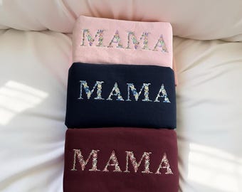 Embroidered Floral Mama Sweatshirt, Custom Text Crewneck, Minimalist Floral Pullover, Personalized Mother's Day Gift