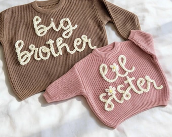 Custom Hand Embroidered Brother Sister Sweaters, Personalized Kids Pullover, Matching Family Outfit, Heirloom Keepsake Gift