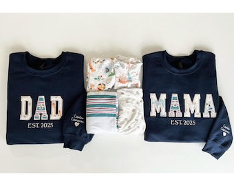 Custom Baby Clothes Memory Sweatshirt for Mom & Dad, Embroidered Parent Sweatshirt, Baby Name Sleeve Embroidery, Keepsake Crewneck Gift