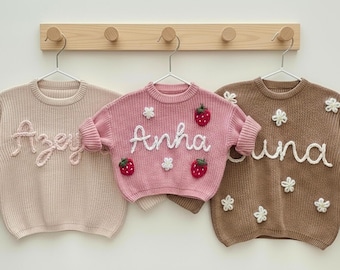 Custom Hand Embroidered Baby Name Sweater, Personalized Knit Infant Pullover, Newborn Girl Boy Outfit, Custom Name Baby Shower Gift