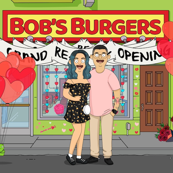 BIG SALE! Bob's Burgers Custom Cartoon Portrait, Custom Couple Bobs Burgers Poster, Family Christmas Portrait Illustration, Couple Drawing