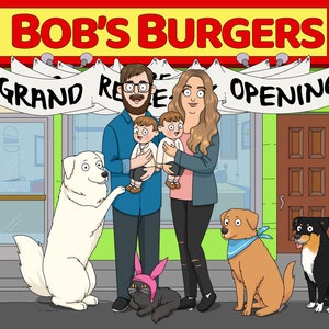 GRANDE OFERTA! Retrato de desenho animado personalizado do Bob's Burgers, pôster personalizado do casal Bobs Burgers, ilustração de retrato de família de Natal, desenho de casal