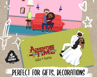 Custom Adventure Time Cartoon Portrait Illustration, Couple Family Portrait, Anniversary gift, Birthday gift ,Valentine gift,Fionna and Cake