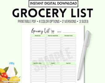 Grocery List Digital Download Printable PDF, Grocery Planner, Food Shopping List, Food Checklist, Grocery Checklist US Letter A4 A5
