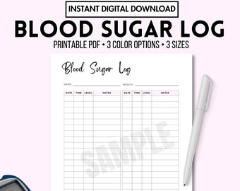 Blood Sugar Log Digital Download, Blood Glucose Tracker, Diabetes Log, Health Printable, Health Planner, Diabetes Planner, US Letter A4 A5