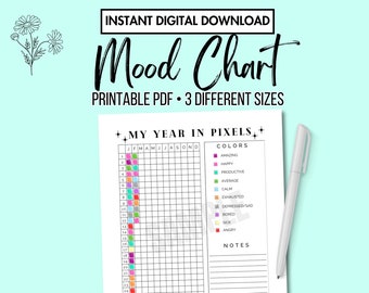 Mood Chart, A Year in Pixels Digital Download PDF, Mood Tracker, Printable, Emotions/Mood Log, Planner Printable, Daily Mood US Letter A4 A5