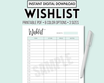 Lista de deseos imprimible Descarga digital PDF, Lista de deseos de compra, Lista de compras, Lista de regalos, Planificador de listas de deseos, Carta de EE. UU. A4 A5