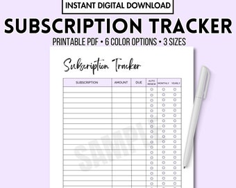 Subscription Tracker Printable Digital Download, Expense Tracker, Budget Template, Subscription Log, Payment Tracker, US Letter A4 A5