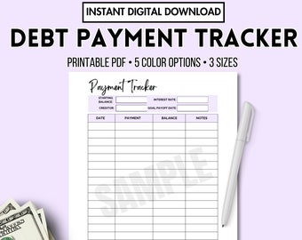 Peut inclure: Un tableau de suivi des paiements de dettes imprimable avec un fond violet clair. Le tableau comporte des colonnes pour la date, le paiement, le solde et les notes. Le tableau comporte également une section pour le solde initial, le créancier, le taux d'intérêt et la date d'échéance du paiement.