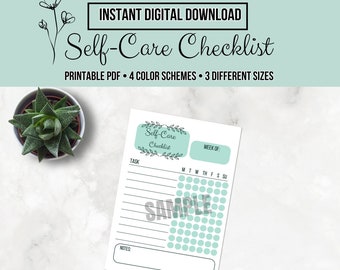 May include: Printable self-care checklist with a green and white color scheme. The checklist includes a section for tasks, notes, and a weekly calendar with circles for marking off days.