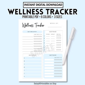 Wellness Tracker Digital Download PDF Printable, Self-Care, Gratitude, Sleep, Habit Checklist, Weekly Wellness Log, Planner, US Letter A4 A5