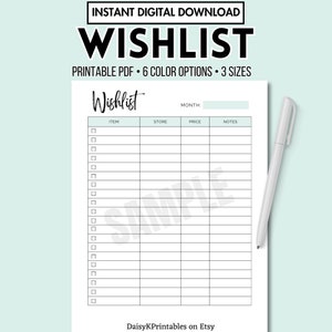 Wunschliste Printable Digital Download PDF, Wunschliste, Einkaufsliste, Wunschliste, Wunschliste, US Letter A4 A5