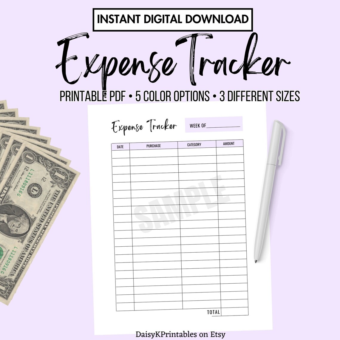 Expense Checklist Expense Tracker Digital Download Printable PDF, Weekly Expense Log ...