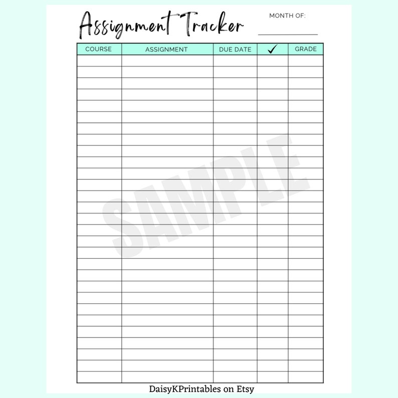 Assignment Tracker Printable Digital Download, Assignment Checklist PDF ...