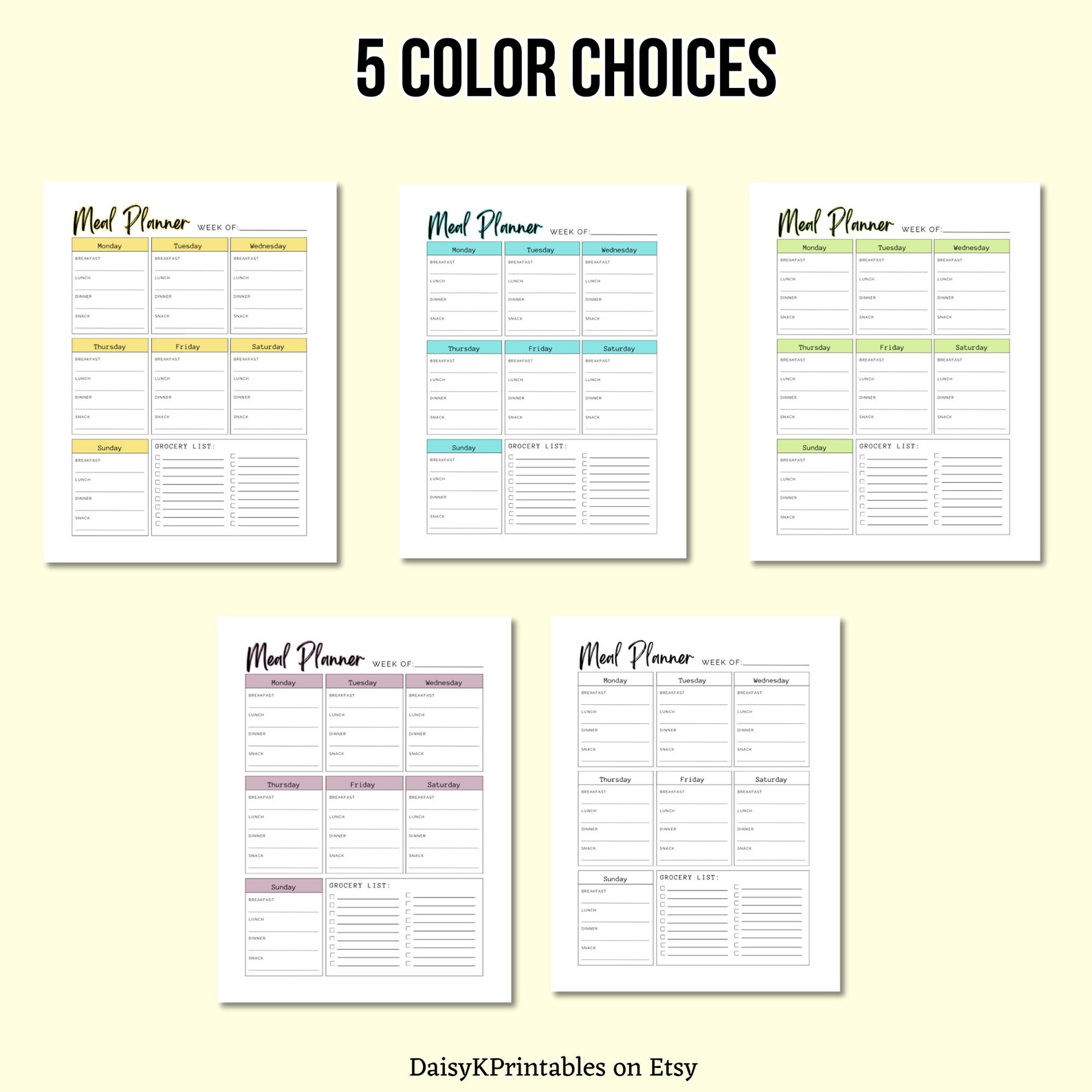 Weekly Meal Planner Digital Download PDF, Printable Menu, Grocery List ...