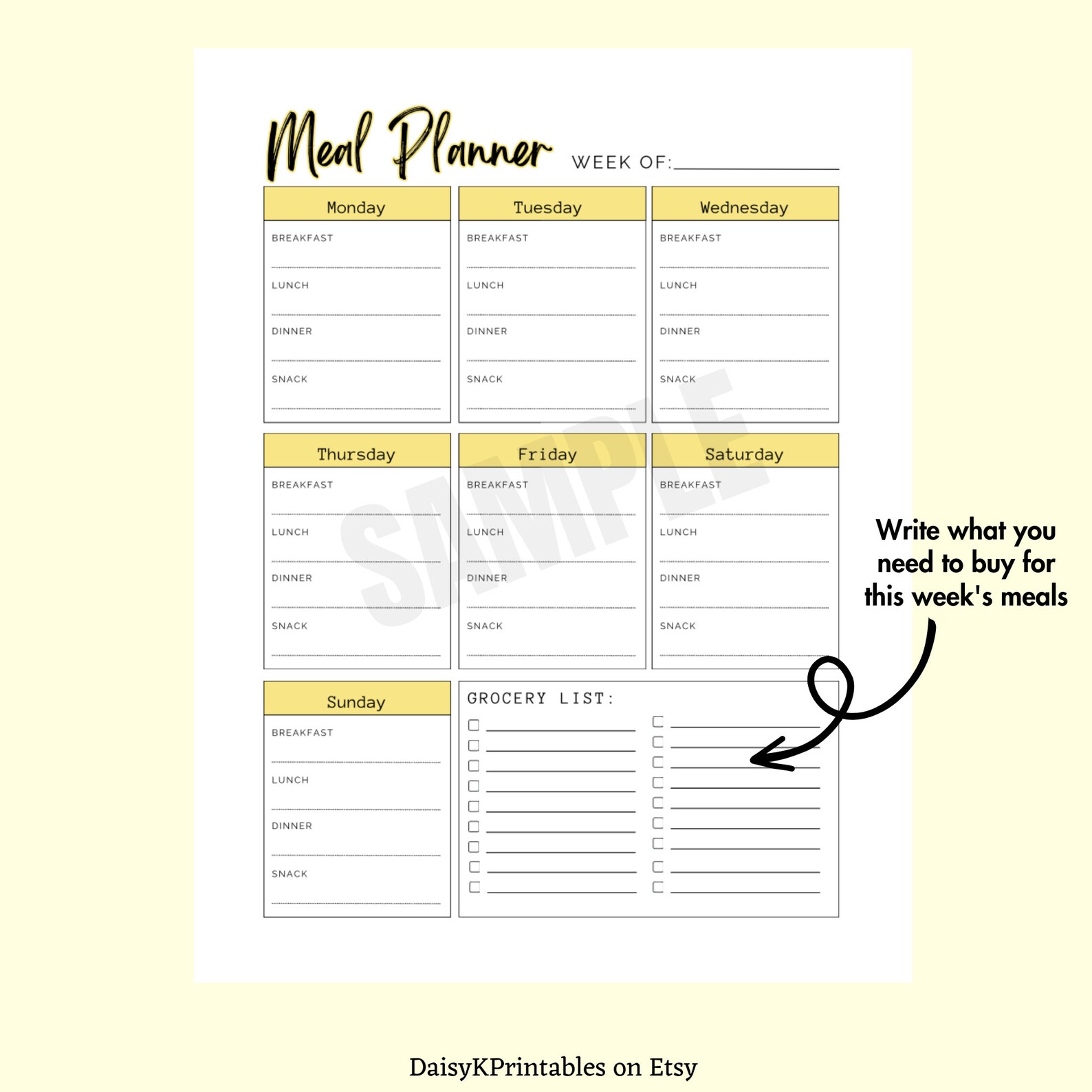 Weekly Meal Planner Digital Download PDF, Printable Menu, Grocery List ...