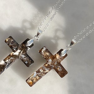 Cross Resin Pendant Necklace, Handmade Resin Gold and Silver Flake Cross, Unique Cross Silver Plated Chain 16-inch, Gold and Silver Flakes