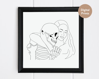 May include: Line art drawing of a woman embracing a skeleton. The woman has long hair and is wearing a simple dress. The skeleton is wearing a ribcage and has a skull for a head. The drawing is in black and white.