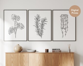 Minimal Plant Prints Set of Three | Black and White Plant Wall Decor | Hand Drawn Sketch Style Plant Print | Printable Art for Plant Lovers