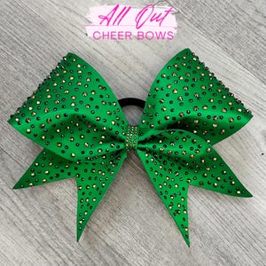 Green and Gold Competition Cheer Bow – Rhinestone Bling Cheerleading Bow