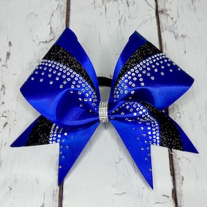 Royal Blue Satin Cheer Bow with Black Glitter & Crystal Rhinestones