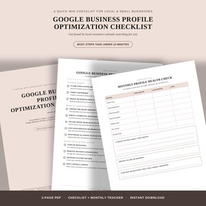 May include: A Google Business Profile optimization checklist and monthly health check tracker. The document includes sections for claiming listings, verifying ownership, and tracking metrics like search appearances, calls, and reviews in a table.