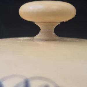 Pu&ograve; includere: Primo piano di un coperchio color crema con un pomello a forma di fungo. Il pomello e il coperchio hanno una finitura liscia e opaca. Il coperchio presenta un sottile motivo azzurro nella parte inferiore. Lo sfondo &egrave; scuro.